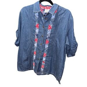 Vintage Koret City Blues Denim Shirt Red Blue Floral Patchwork Accents Size L